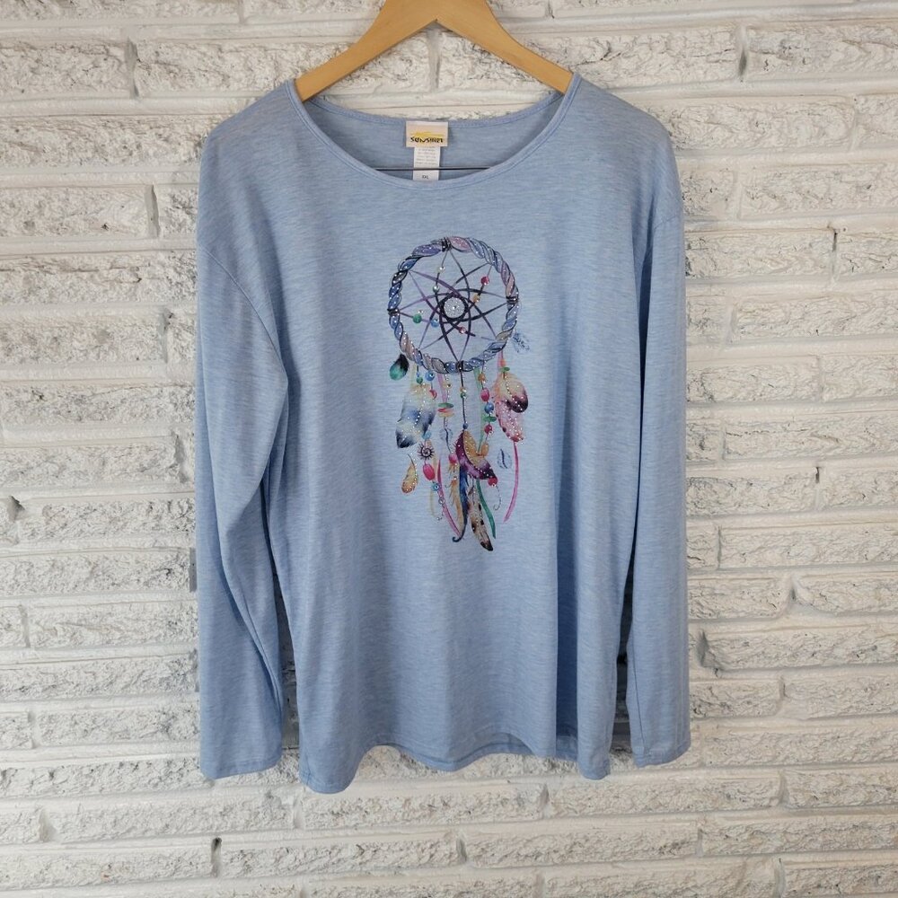 Sunshirt XXL Plus Size Blue Tee Long Sleeve Shirt Dreamcatcher Rhinestone BLU44E